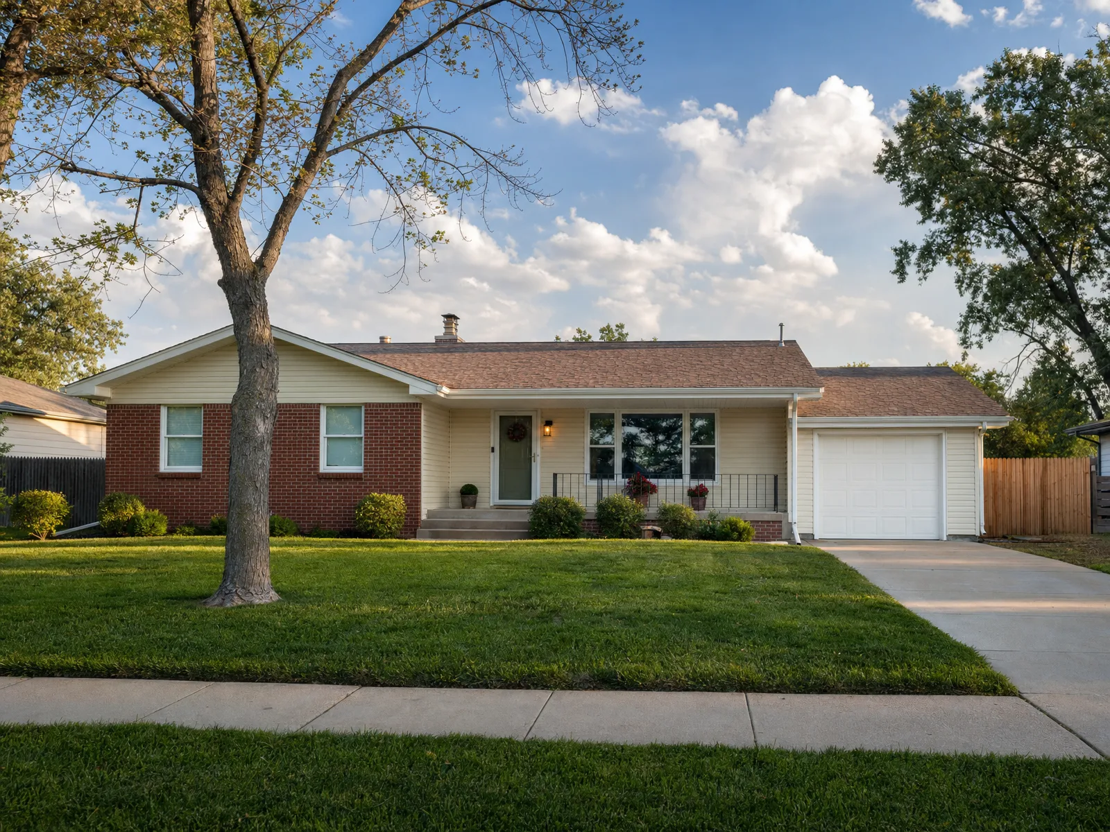 A classic Midwestern ranch home with a tidy front lawn under a wide prairie sky