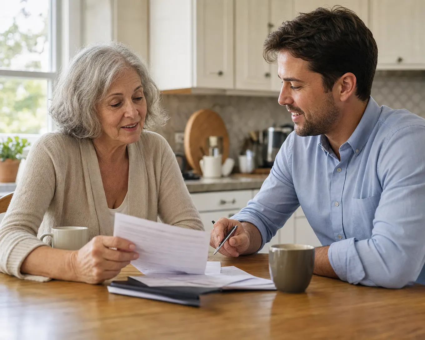 Two people reviewing paperwork together at a kitchen table